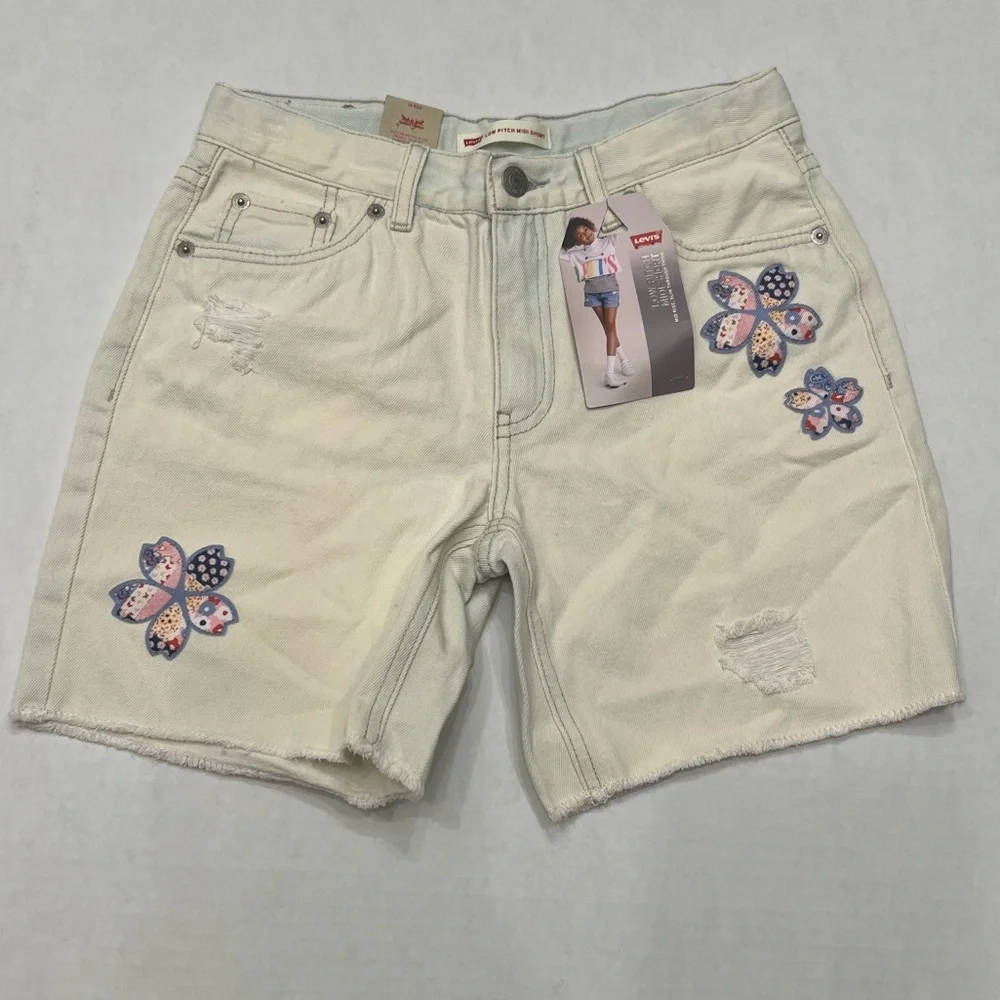 Levi’s Youth Girls Flower Embroidered Low Pitch Midi Short Size 14 NWT